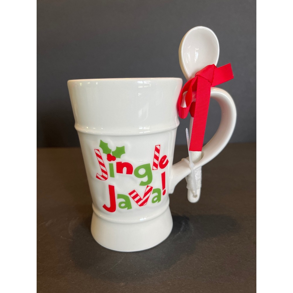 New Holiday Time Jingle Java Mug w/Spoon White Red Christmas Earthenware 11.8